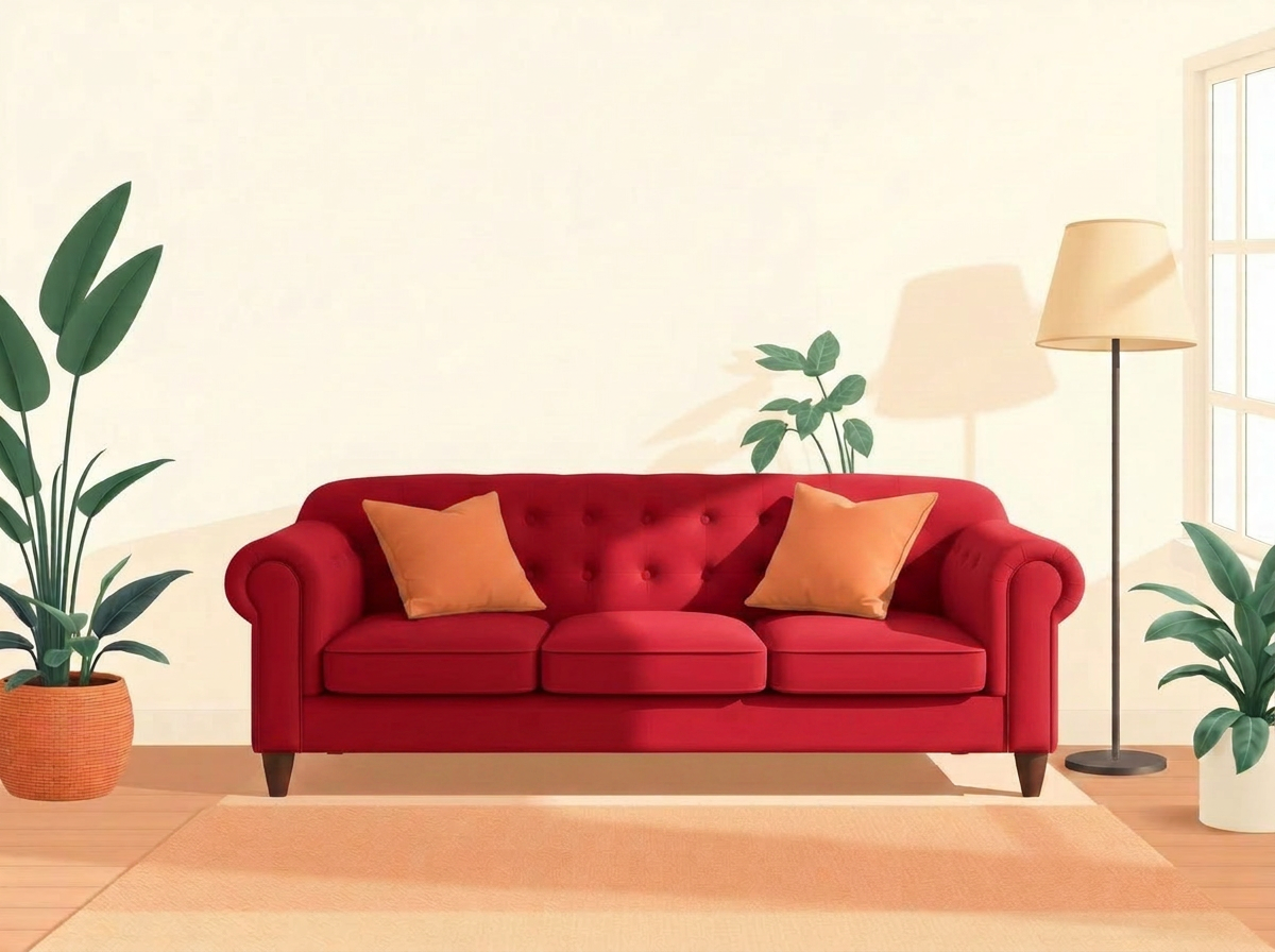A cozy bright red sofa with terracotta pillows in a sunlit room